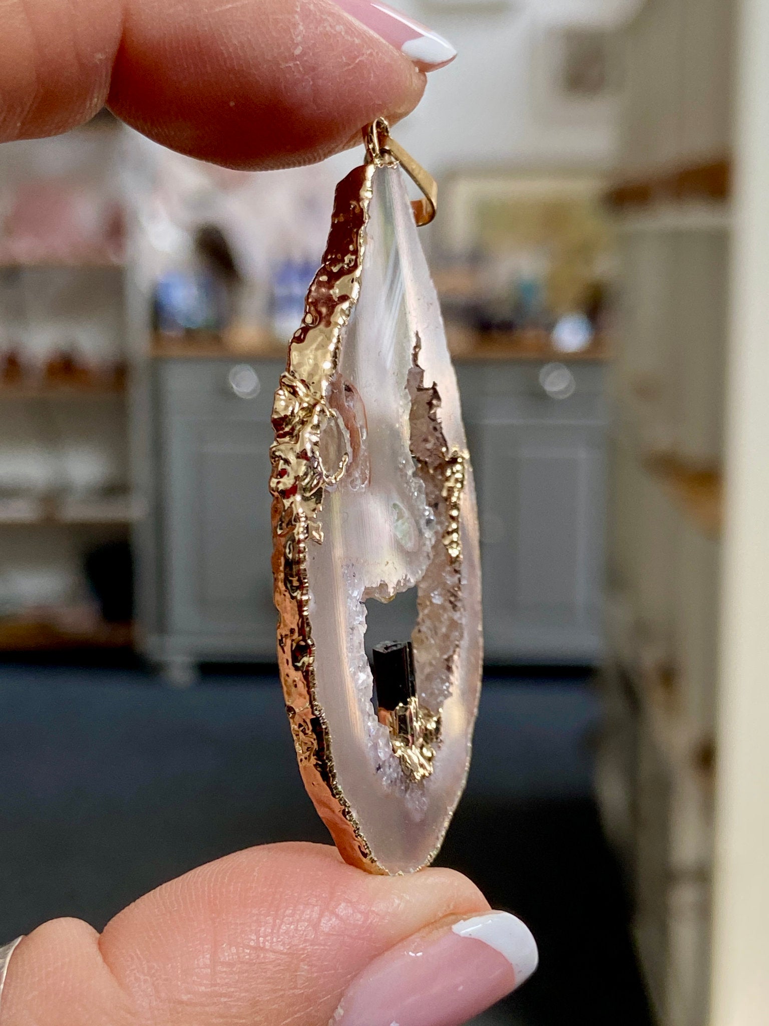 Tabasco Geode - Black Tourmaline Gold Gilded Pendant