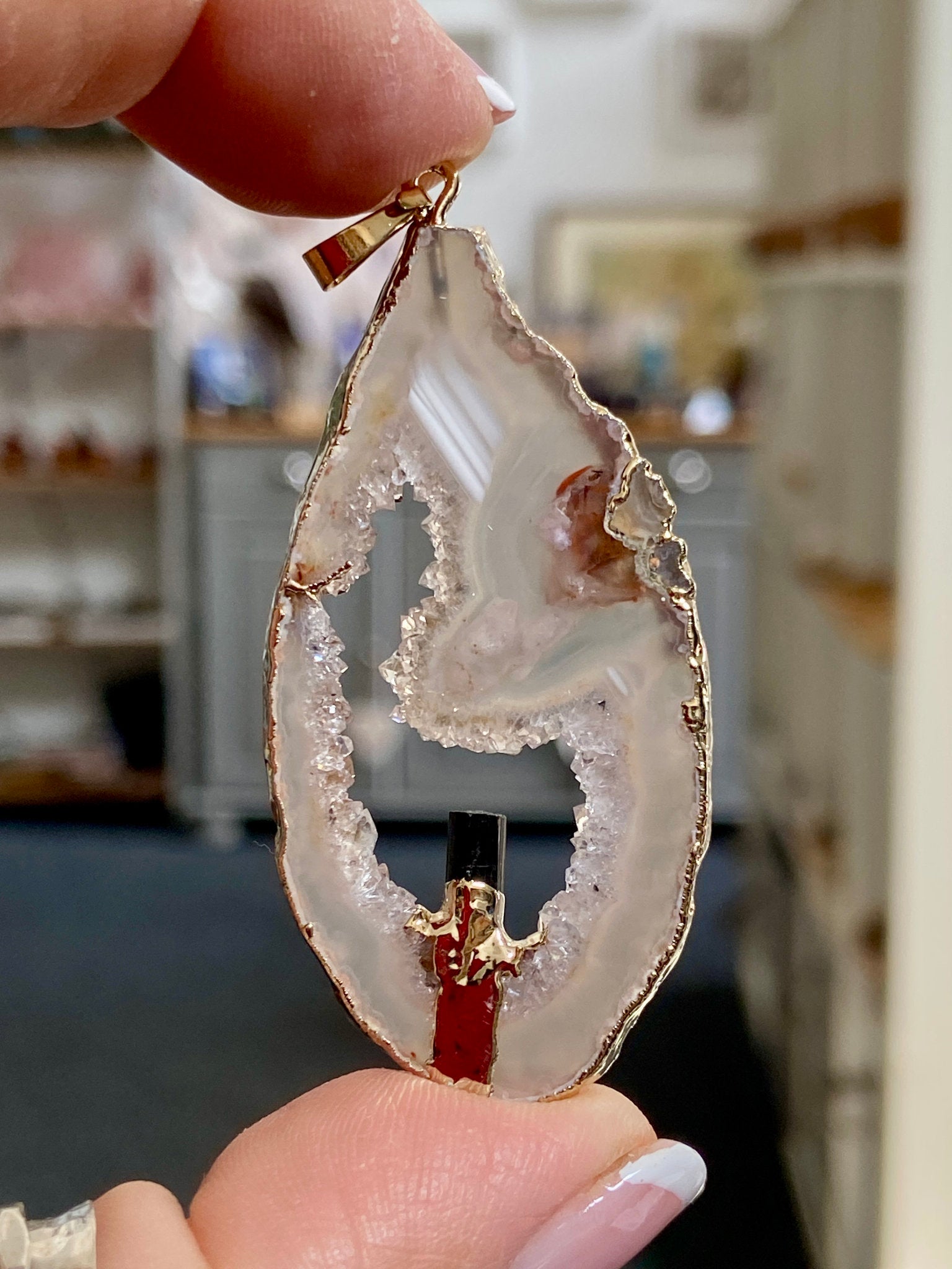 Tabasco Geode - Black Tourmaline Gold Gilded Pendant