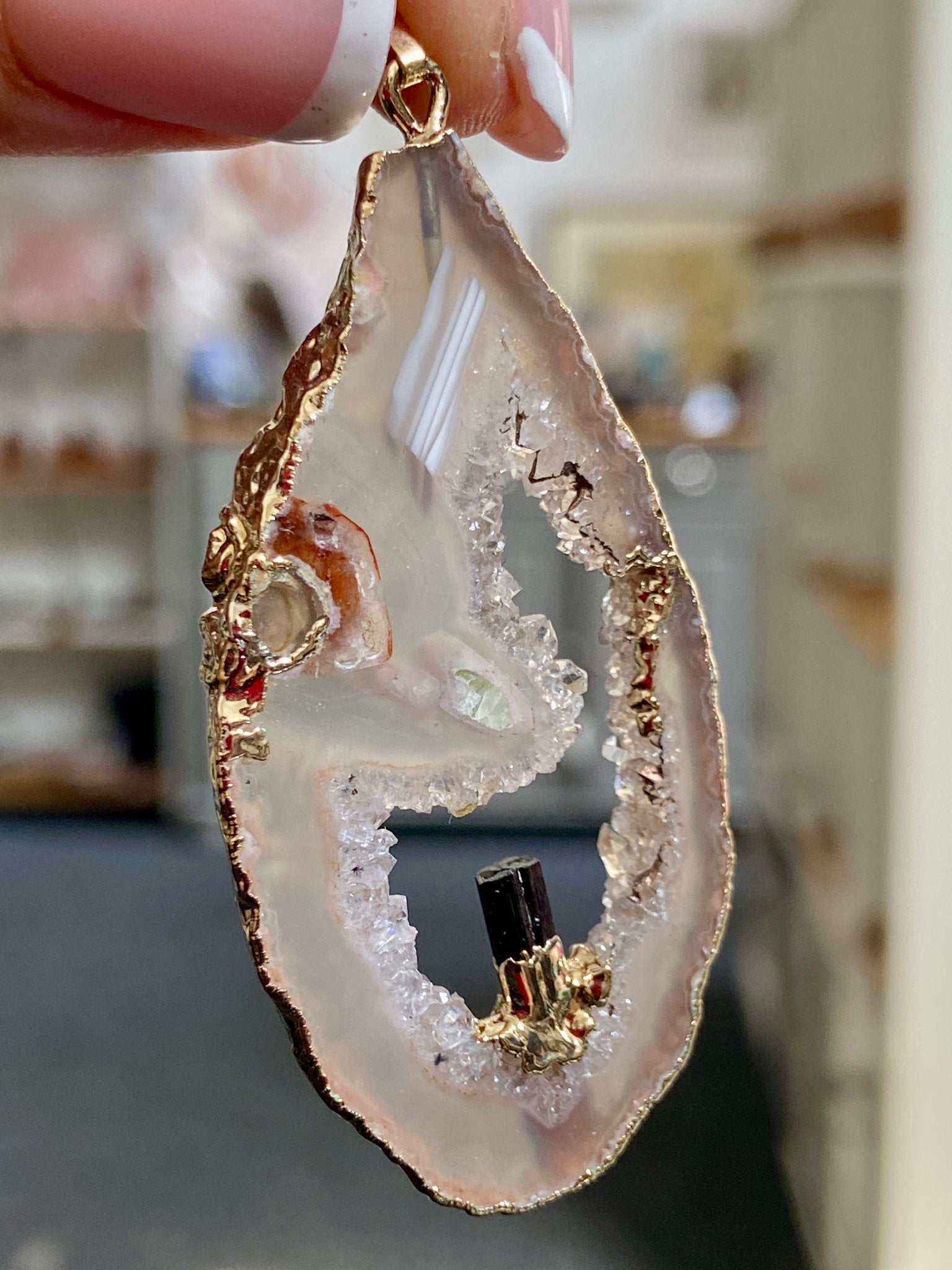 Tabasco Geode - Black Tourmaline Gold Gilded Pendant