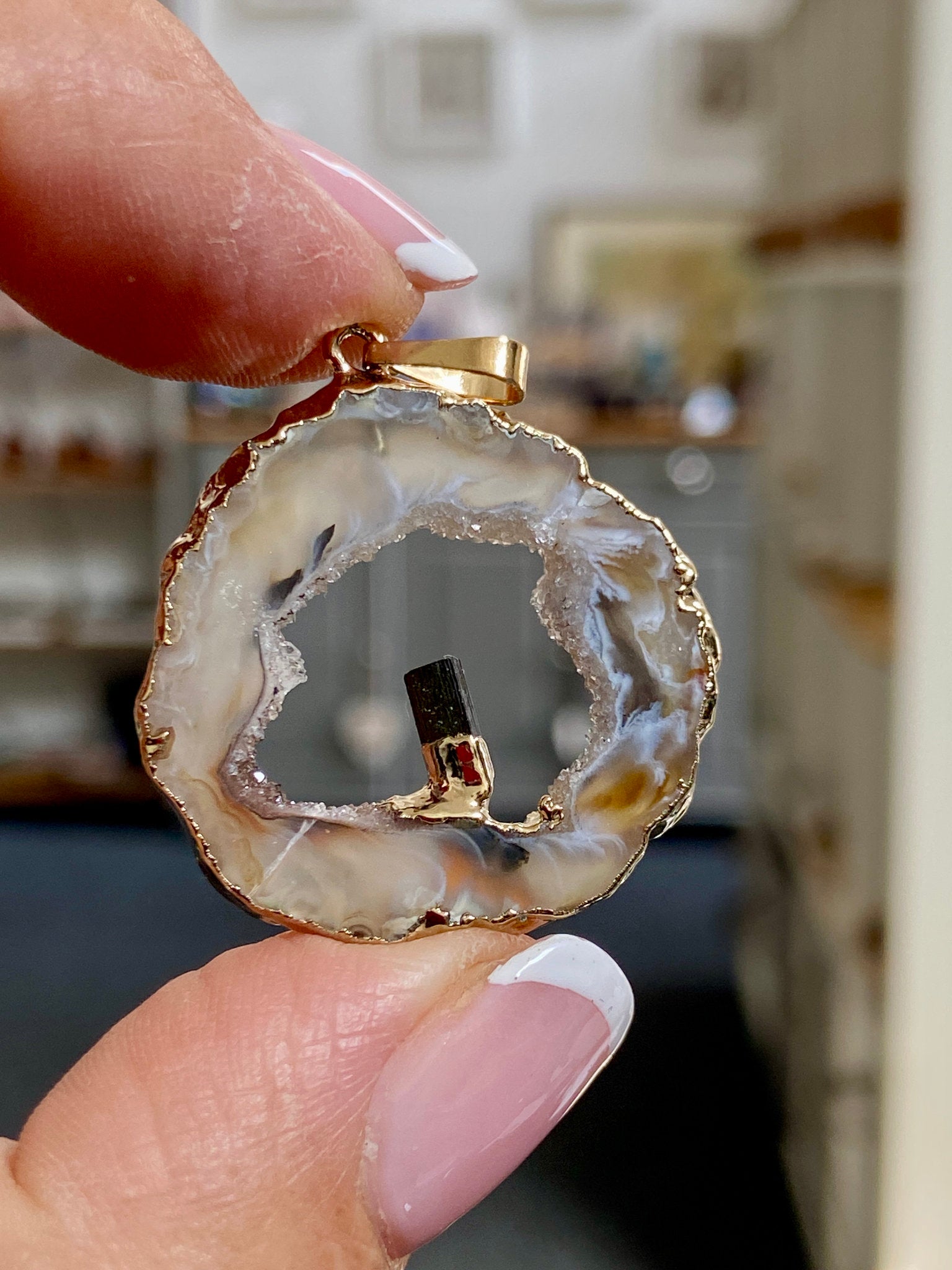 Tabasco Geode - Black Tourmaline Gold Gilded Pendant