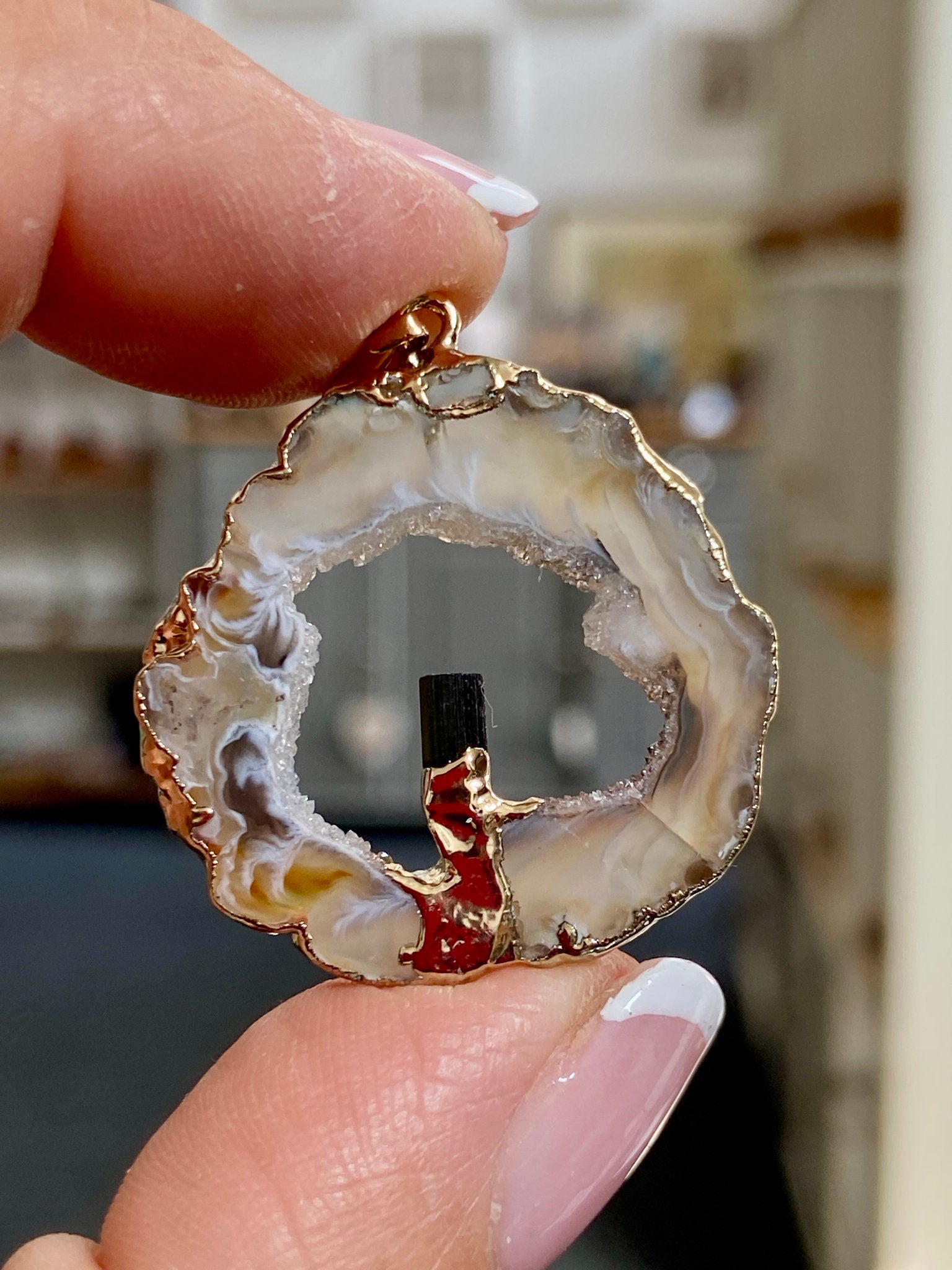 Tabasco Geode - Black Tourmaline Gold Gilded Pendant