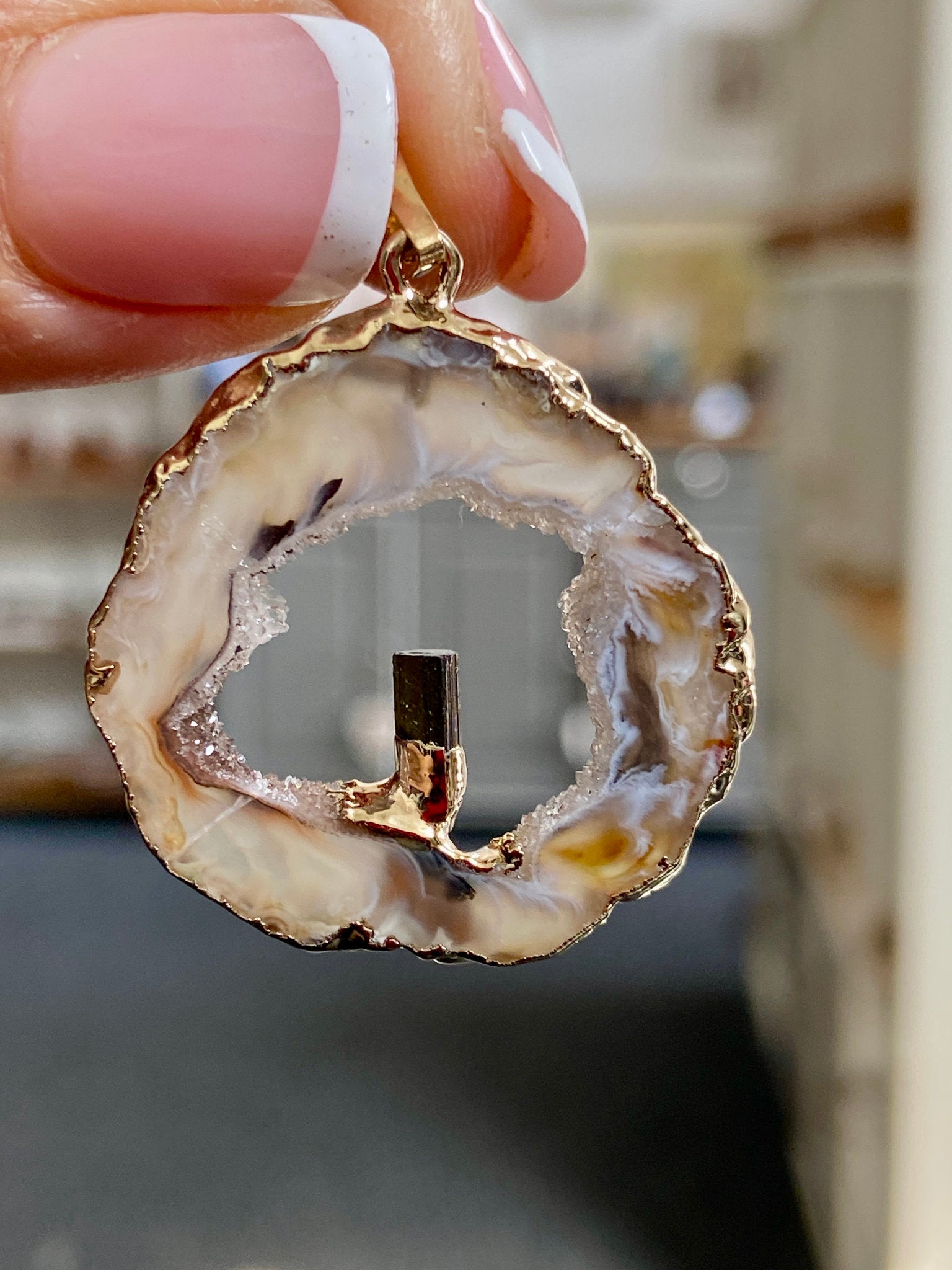 Tabasco Geode - Black Tourmaline Gold Gilded Pendant