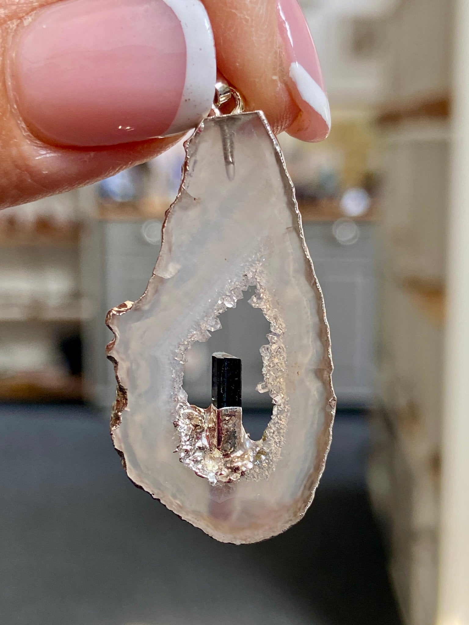 Tabasco Geode - Black Tourmaline Silver Gilded Pendant