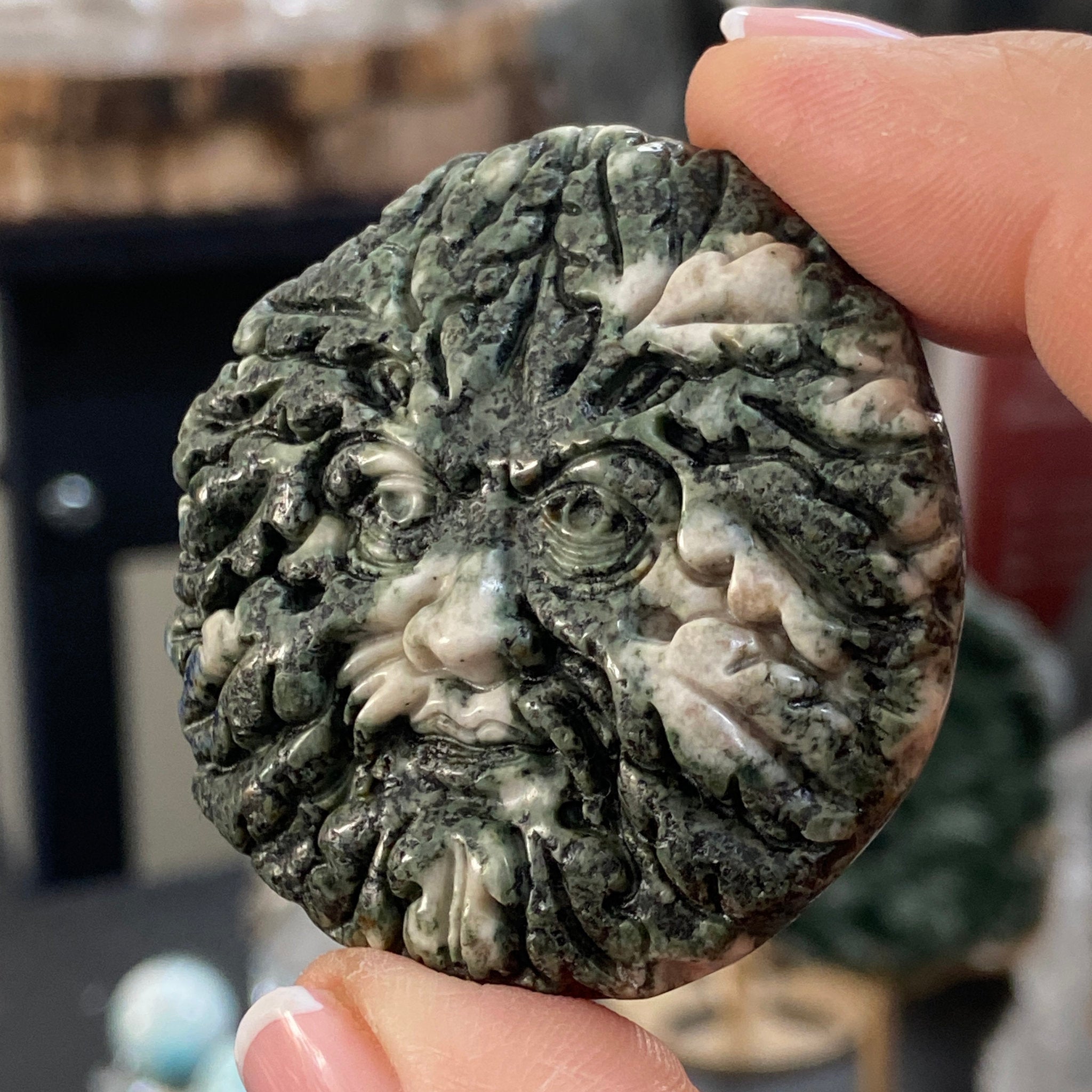 Preseli Bluestone Green Man Carved Palmstone - Stonehendge