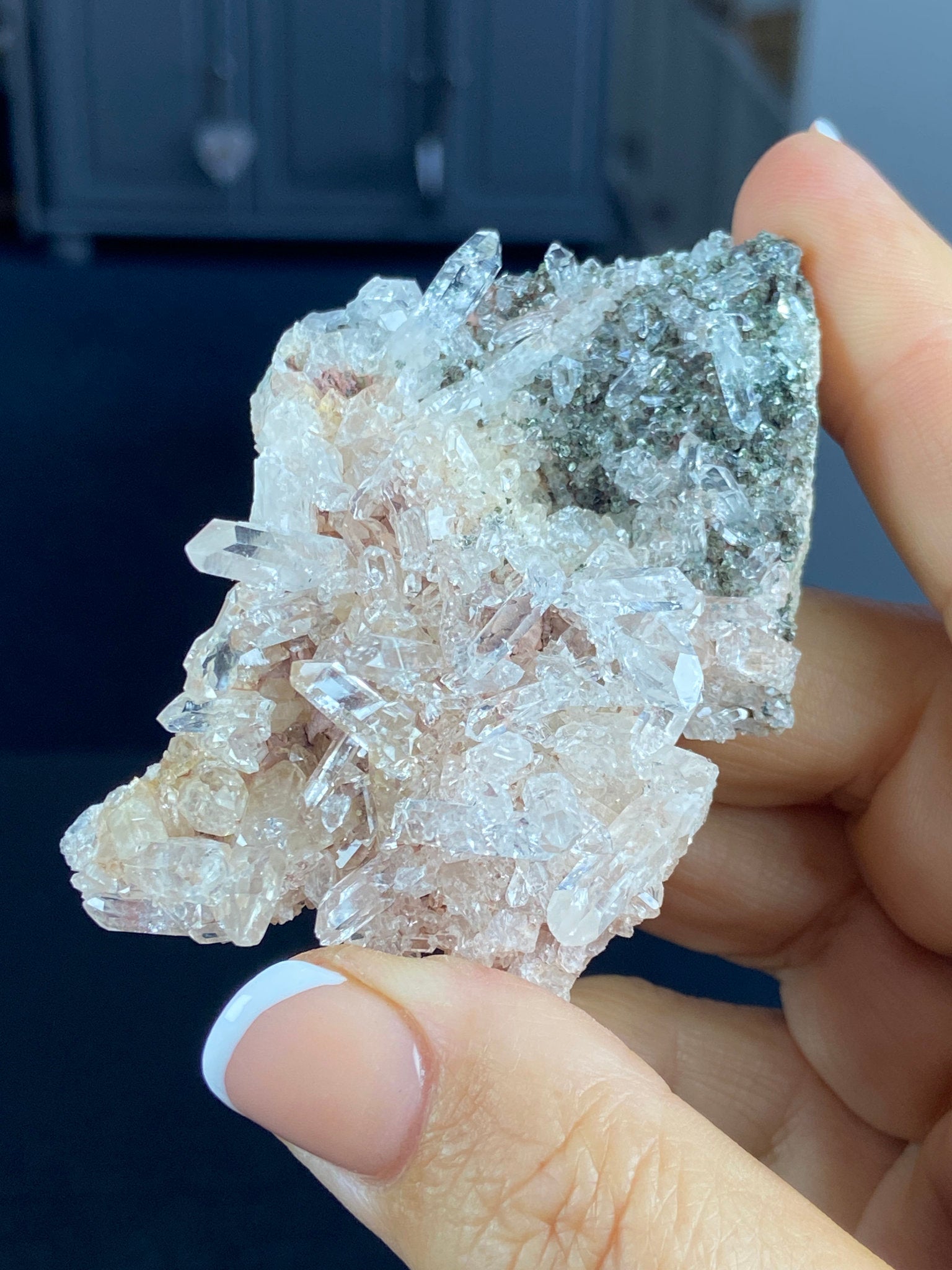 Sacred Pink Lemurian Quartz Flat Cluster with Green Inclusions