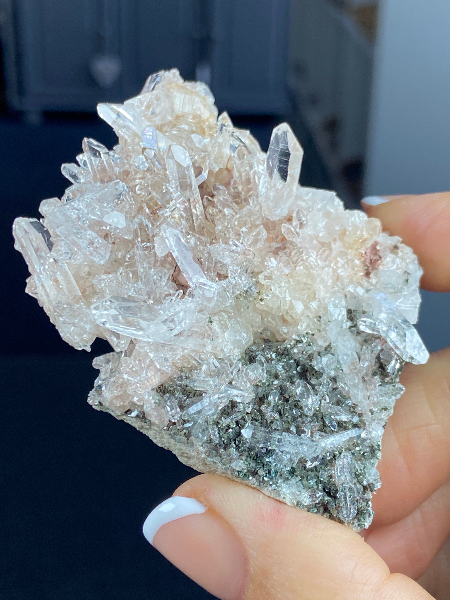 Sacred Pink Lemurian Quartz Flat Cluster with Green Inclusions