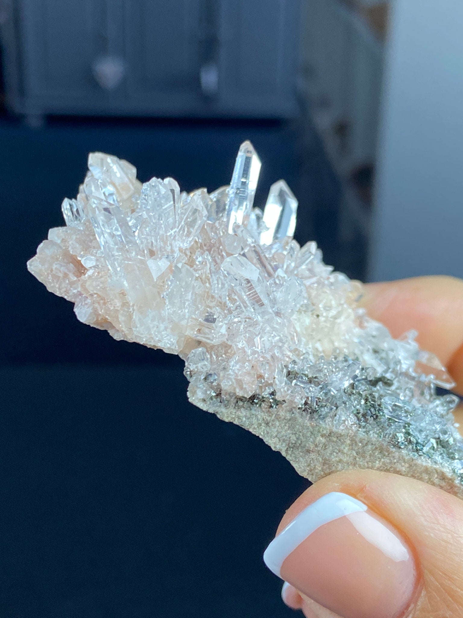 Sacred Pink Lemurian Quartz Flat Cluster with Green Inclusions