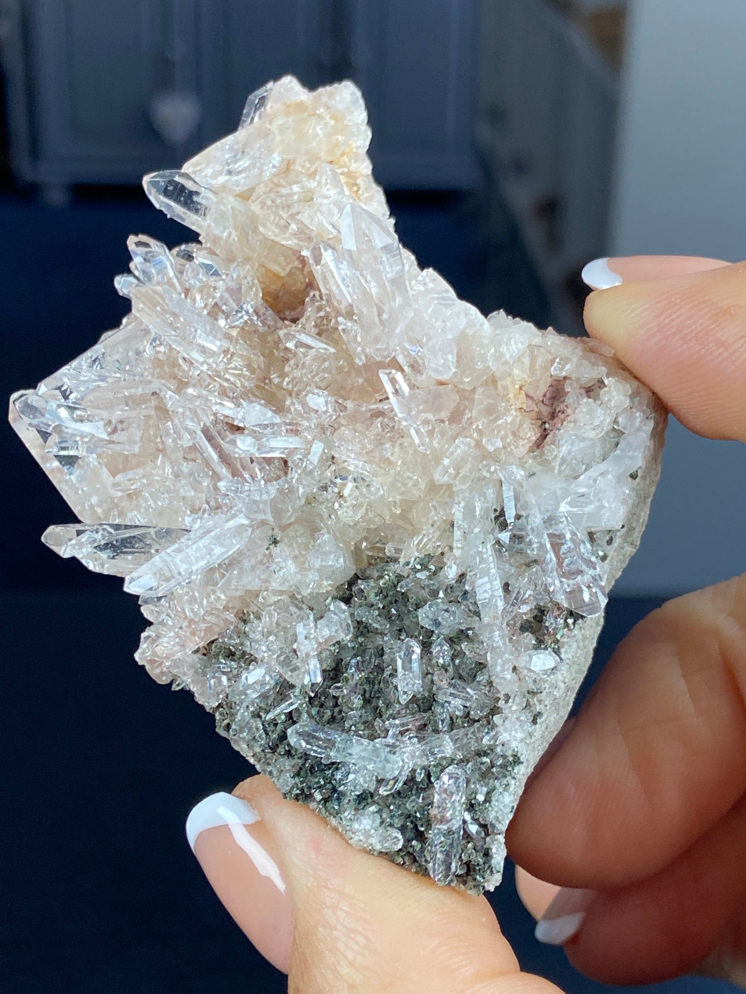 Sacred Pink Lemurian Quartz Flat Cluster with Green Inclusions