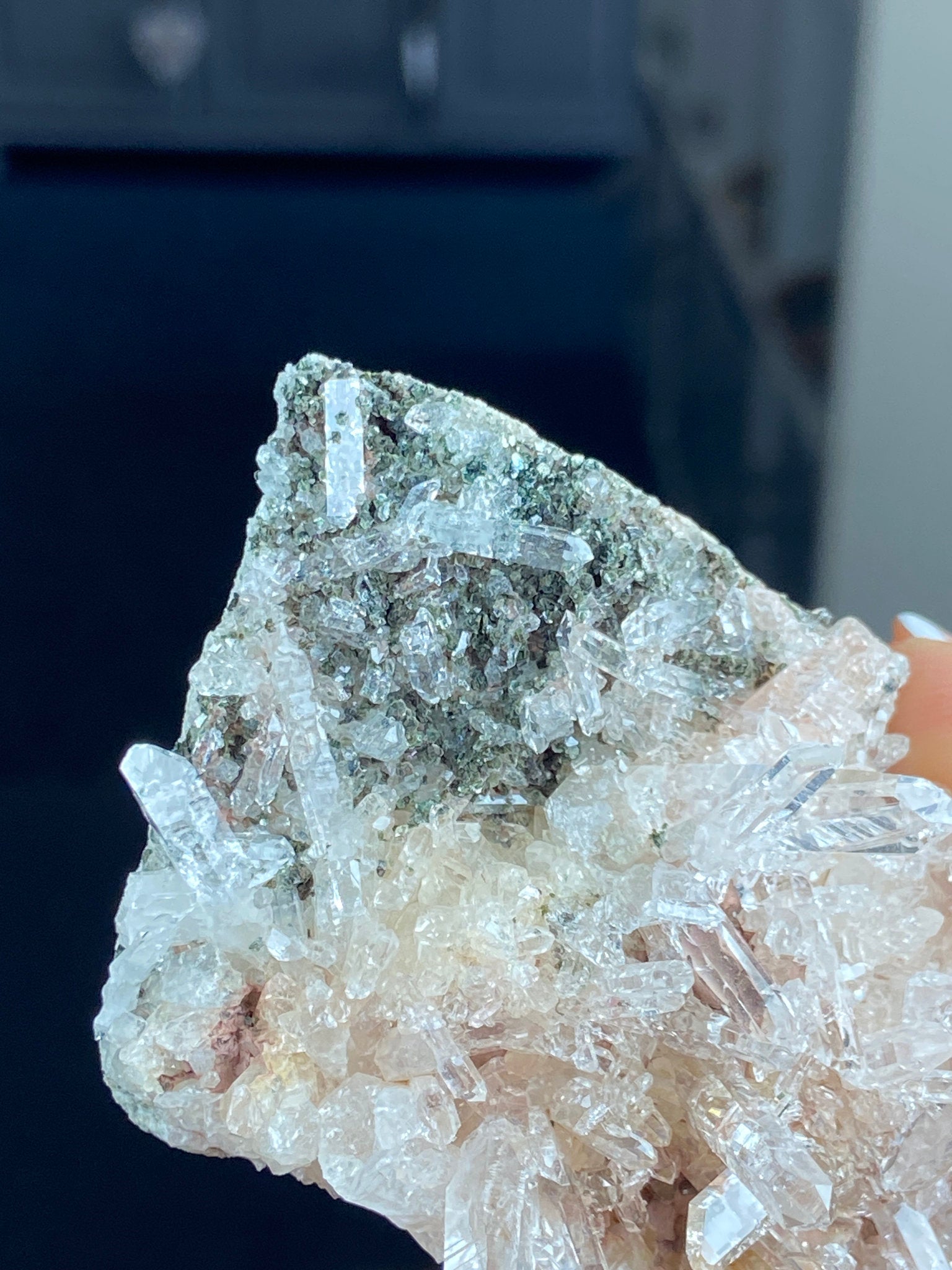 Sacred Pink Lemurian Quartz Flat Cluster with Green Inclusions