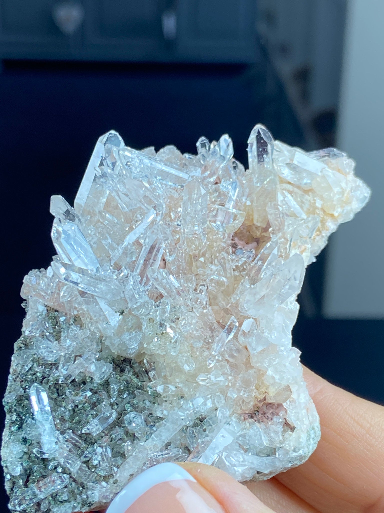 Sacred Pink Lemurian Quartz Flat Cluster with Green Inclusions