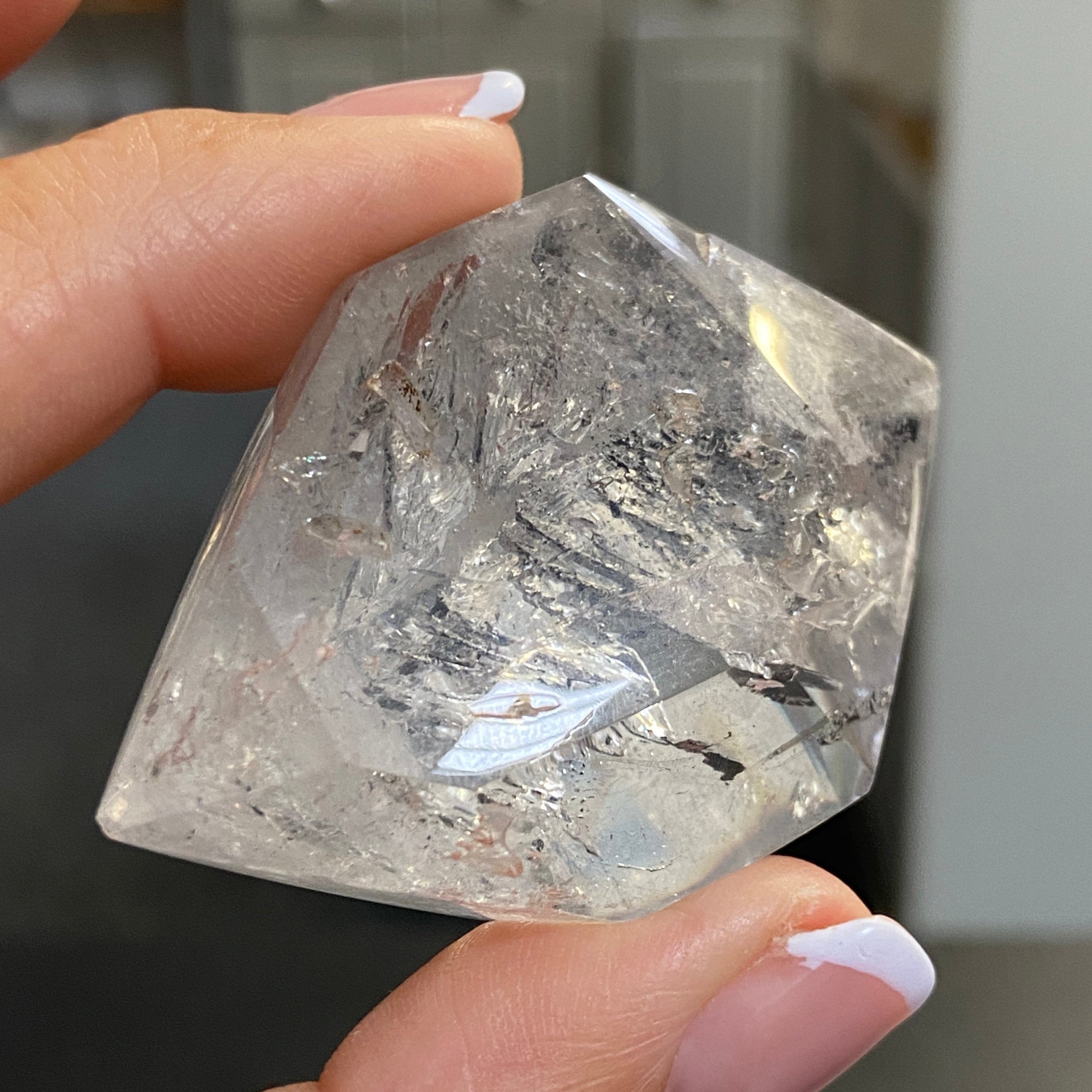 Double Terminated Enhydro Quartz with Falling Carbon Sand