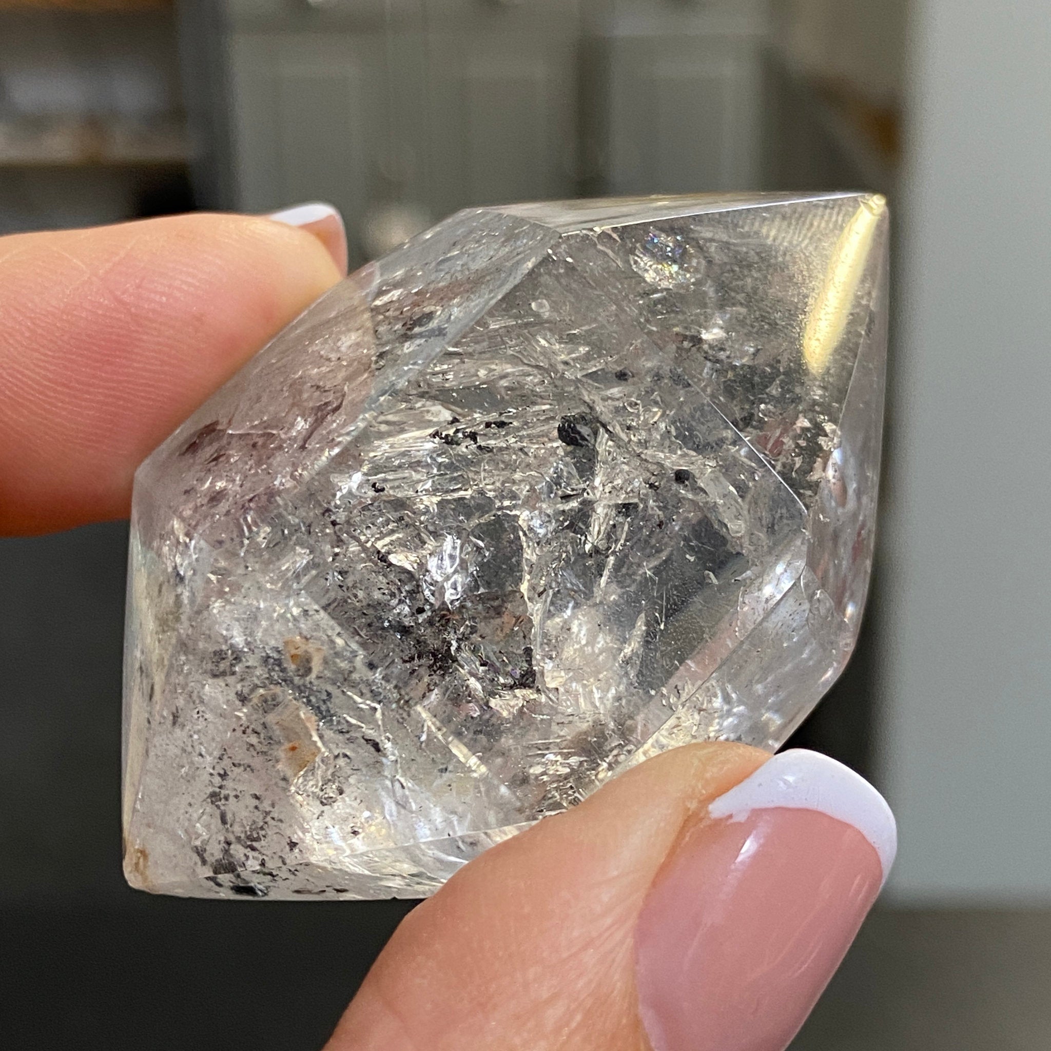 Double Terminated Enhydro Quartz with Falling Carbon Sand