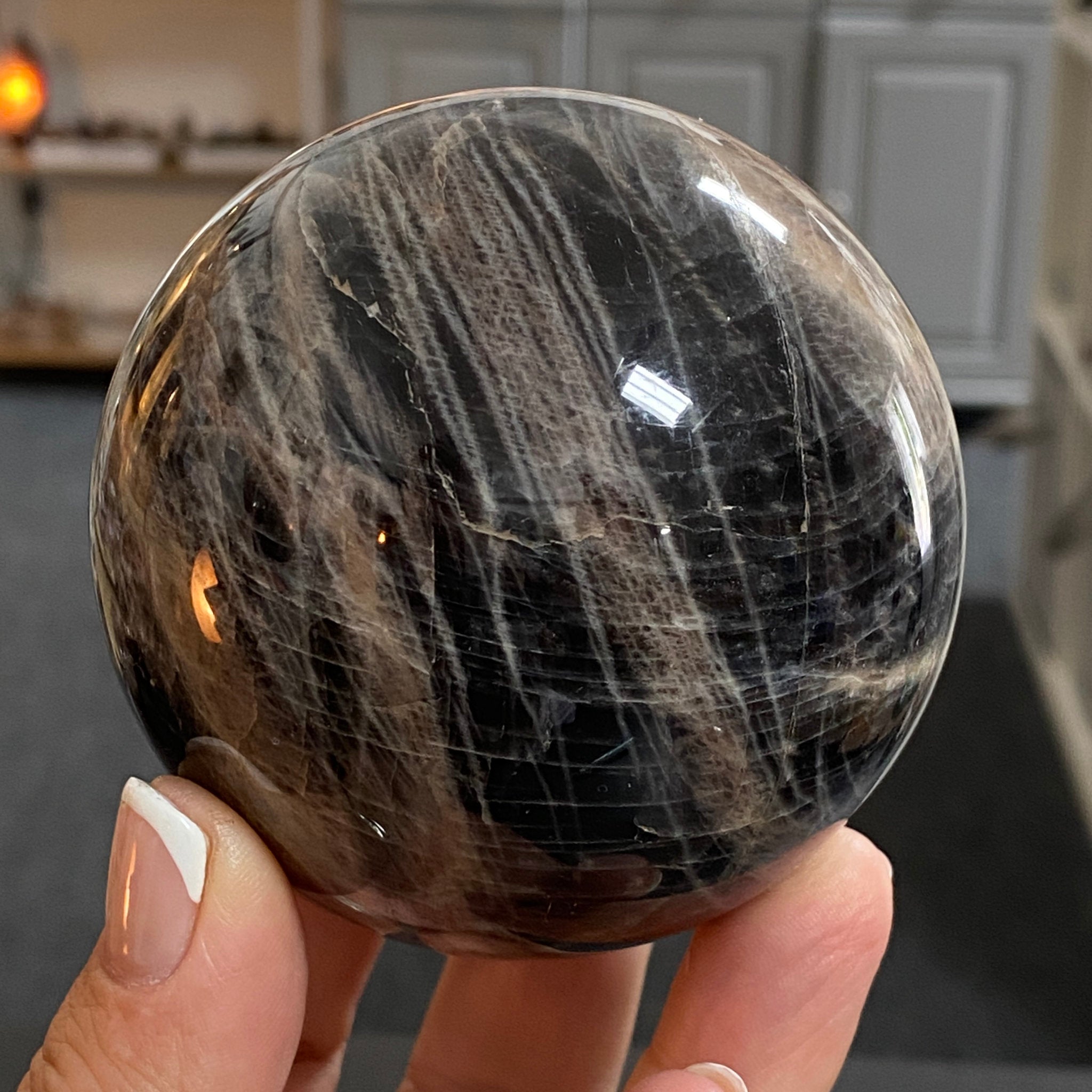 🌑 Black Moonstone Sphere – Madagascar