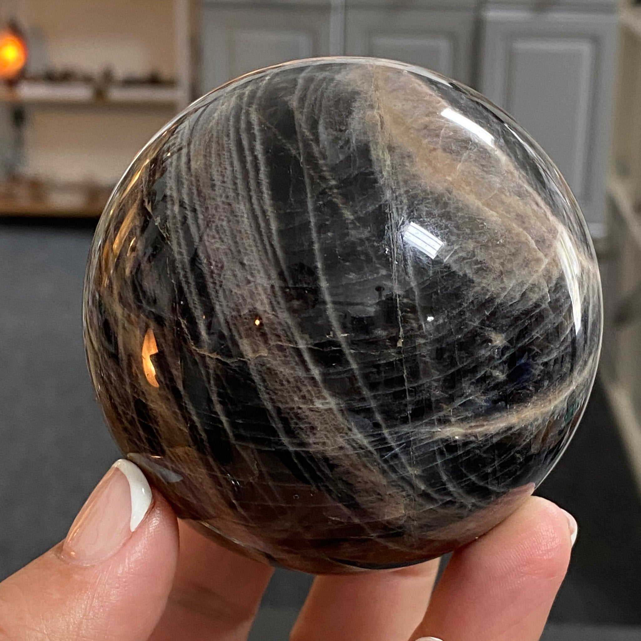 🌑 Black Moonstone Sphere – Madagascar
