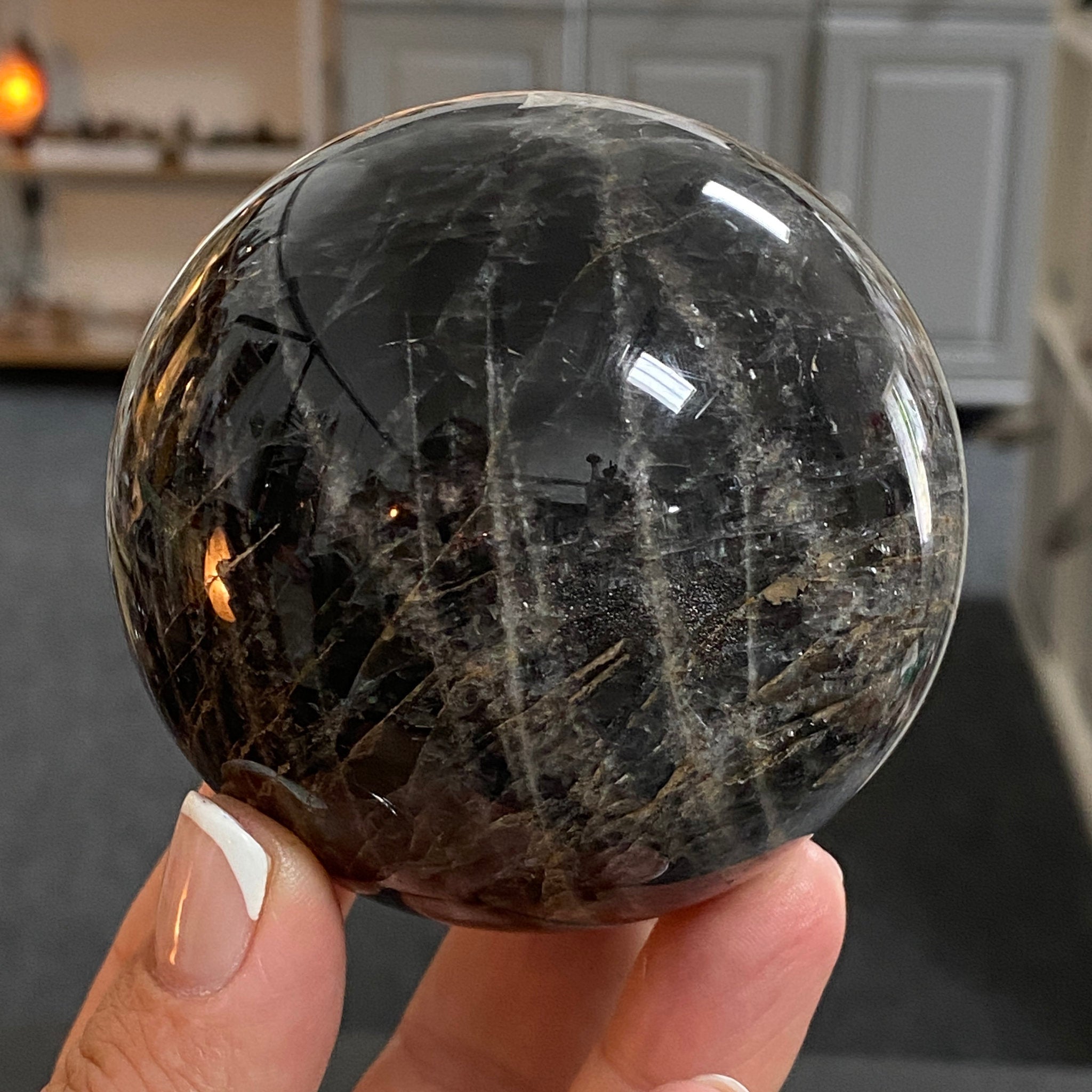 🌑 Black Moonstone Sphere – Madagascar