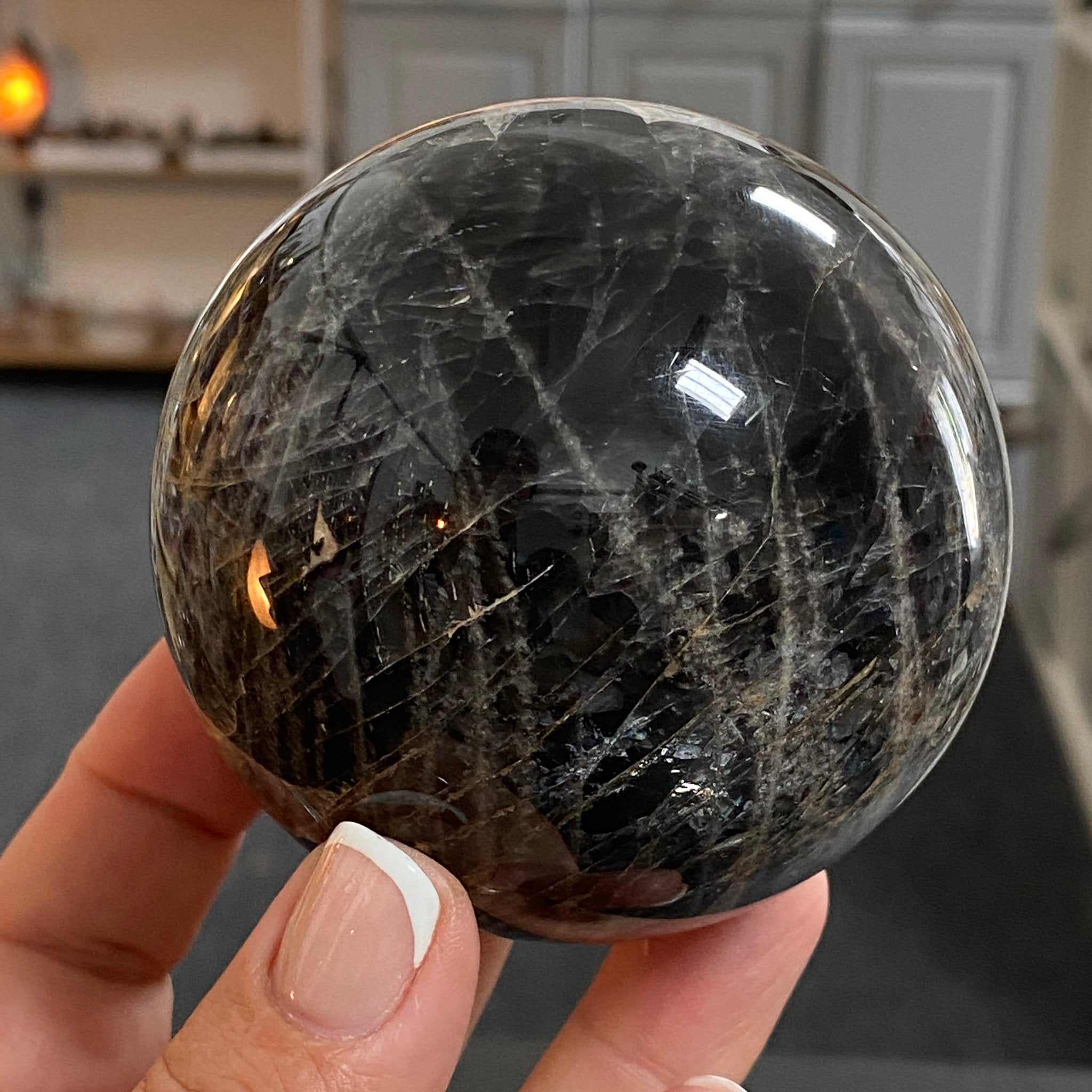 🌑 Black Moonstone Sphere – Madagascar