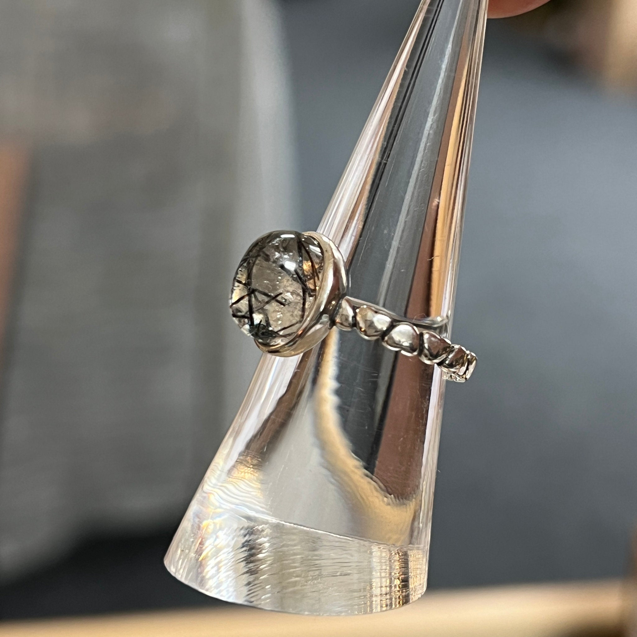 Black Tourmaline in Quartz Sterling Silver Adjustable Ring