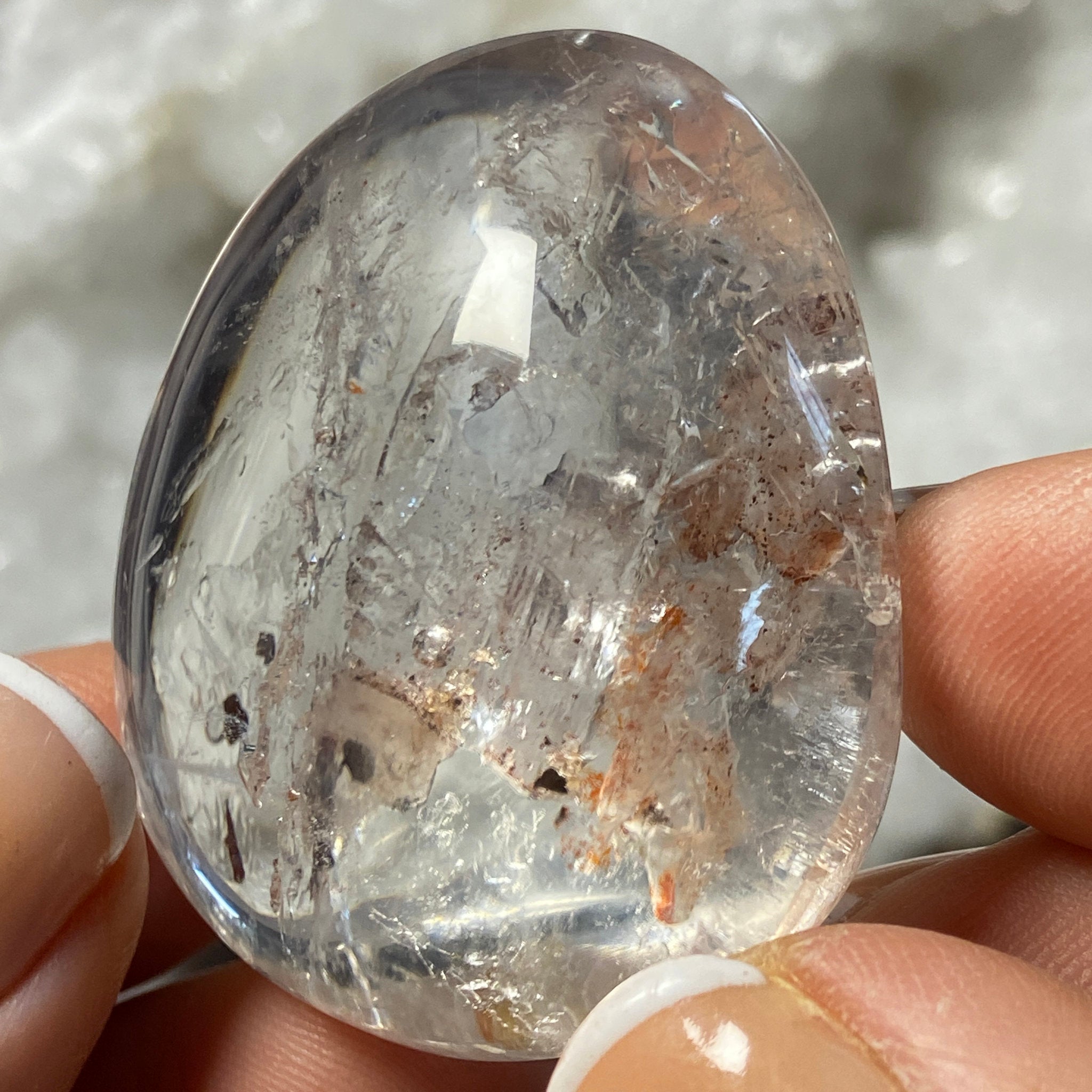Clear Quartz Freeform with Enhydro, Carbon Splinters and Falling Sand