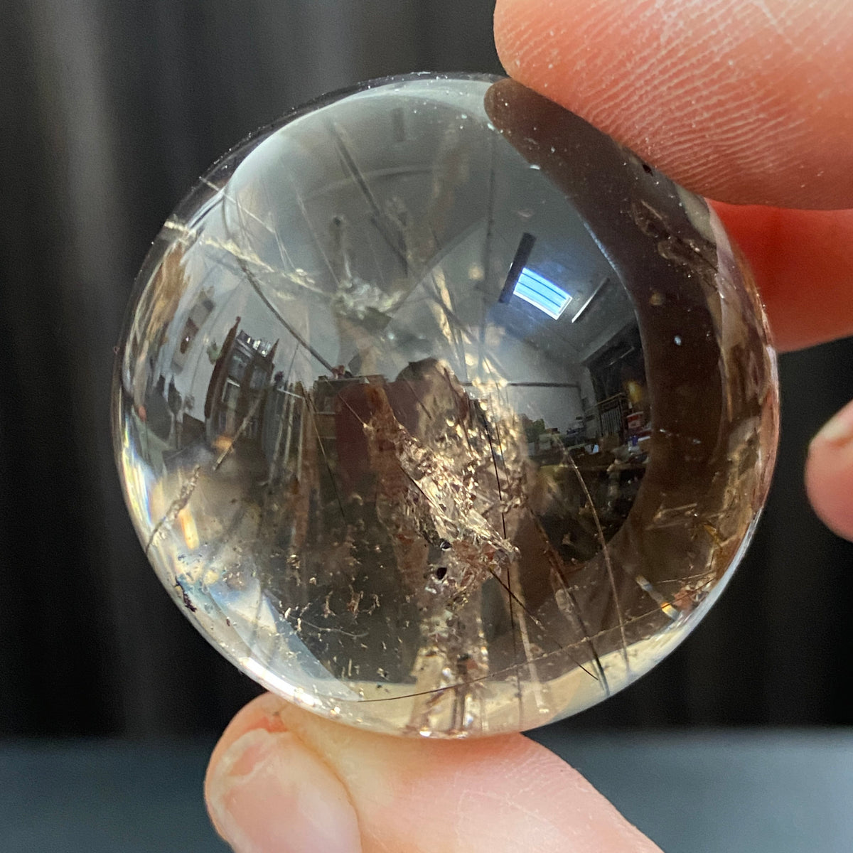 Smoky Quartz Sphere with Black Tourmaline and Pyrite
