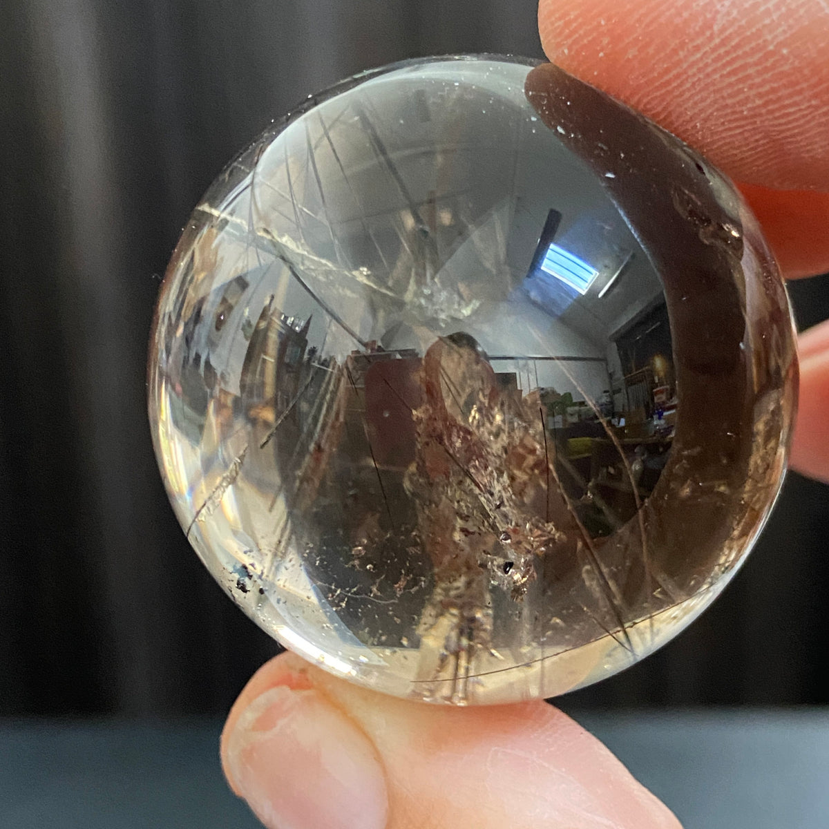 Smoky Quartz Sphere with Black Tourmaline and Pyrite