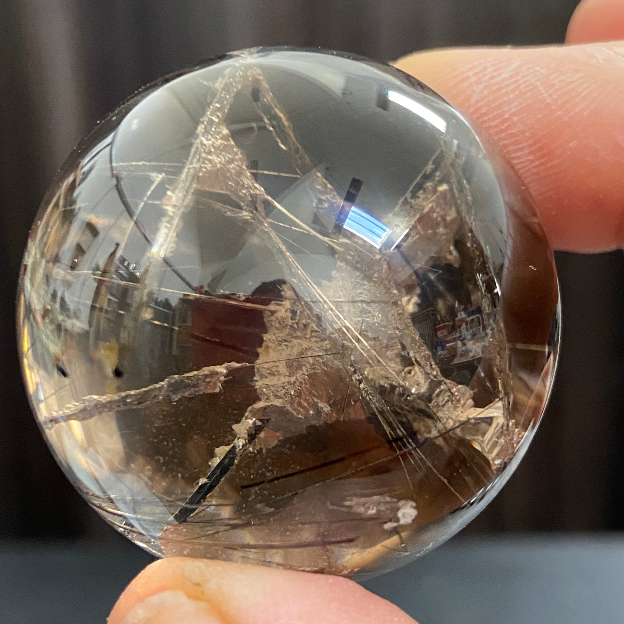 Smoky Quartz Sphere with Black Tourmaline and Pyrite
