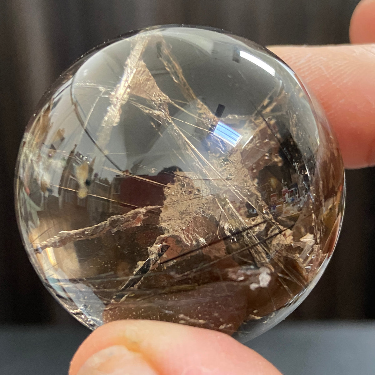 Smoky Quartz Sphere with Black Tourmaline and Pyrite