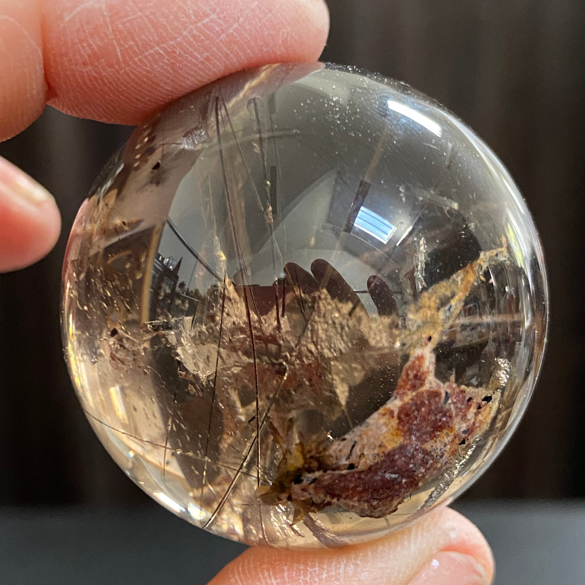 Smoky Quartz Sphere with Black Tourmaline and Pyrite
