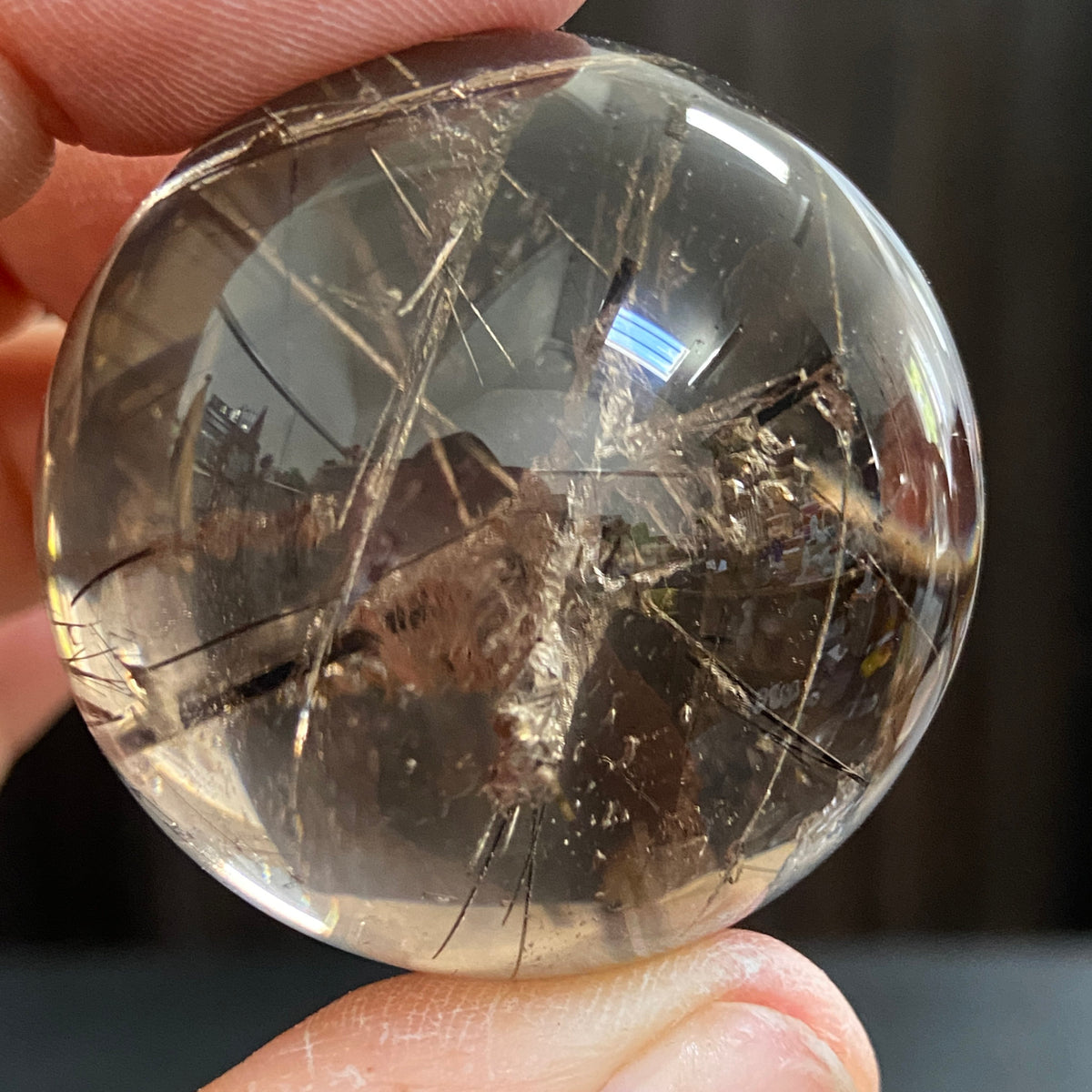 Smoky Quartz Sphere with Black Tourmaline and Pyrite