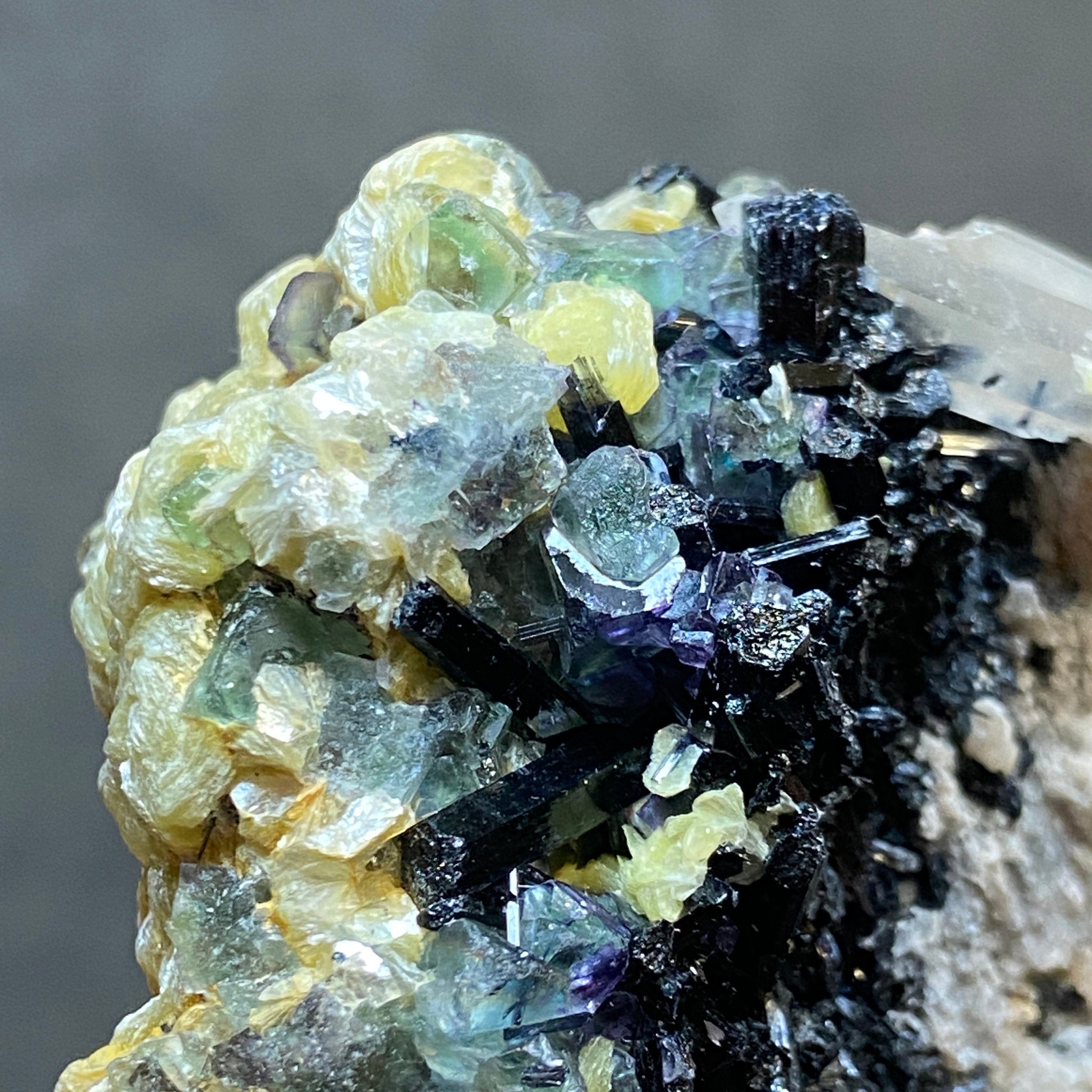 Fluorite with Black Tourmaline, Muscovite and Feldspar - Erongo