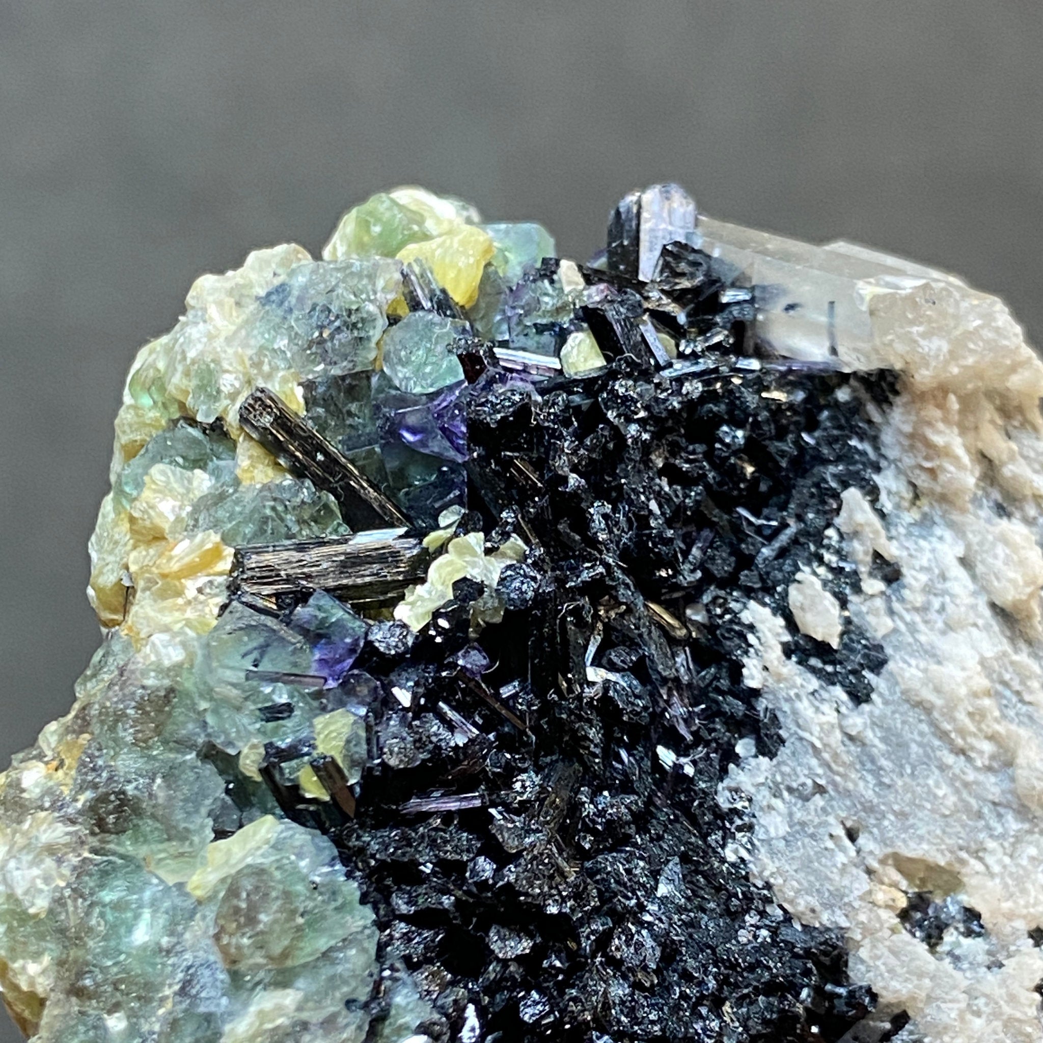 Fluorite with Black Tourmaline, Muscovite and Feldspar - Erongo - Castle Rocks Cornwall
