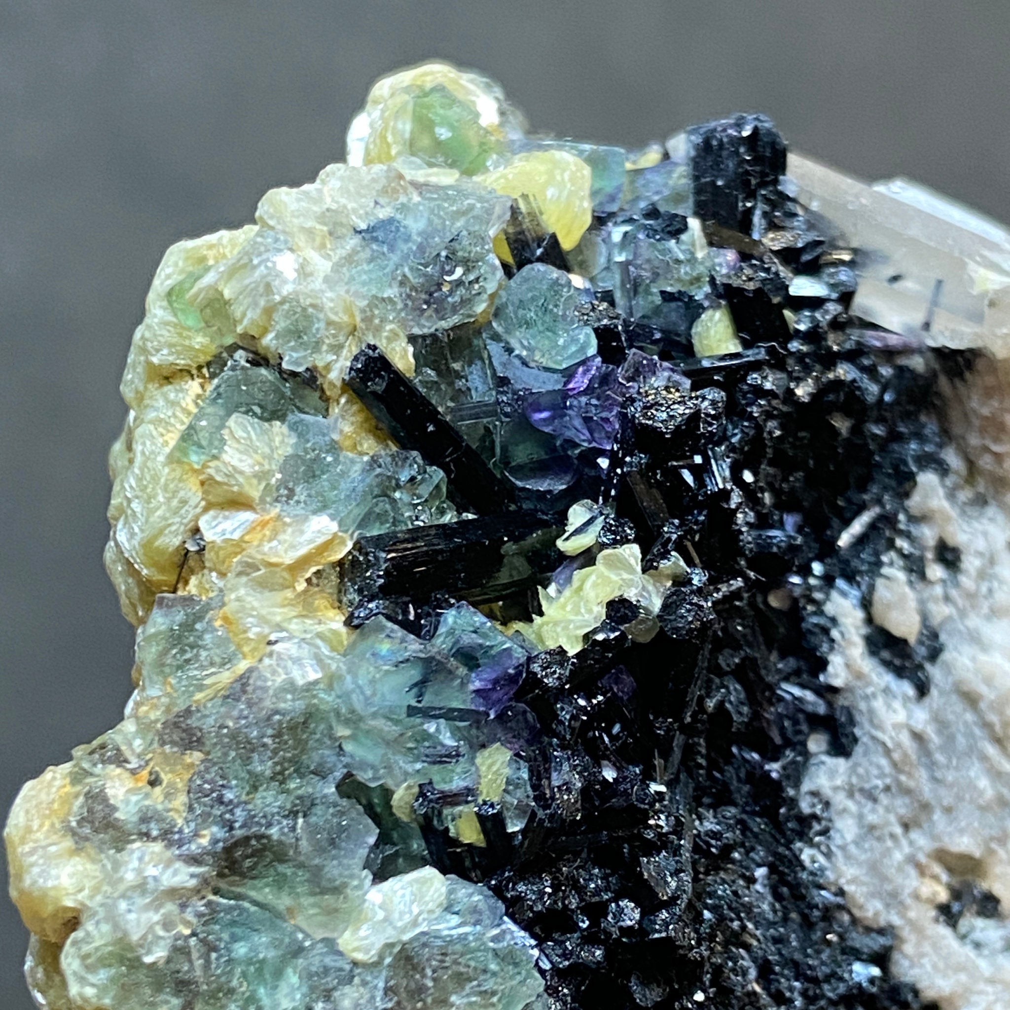 Fluorite with Black Tourmaline, Muscovite and Feldspar - Erongo - Castle Rocks Cornwall