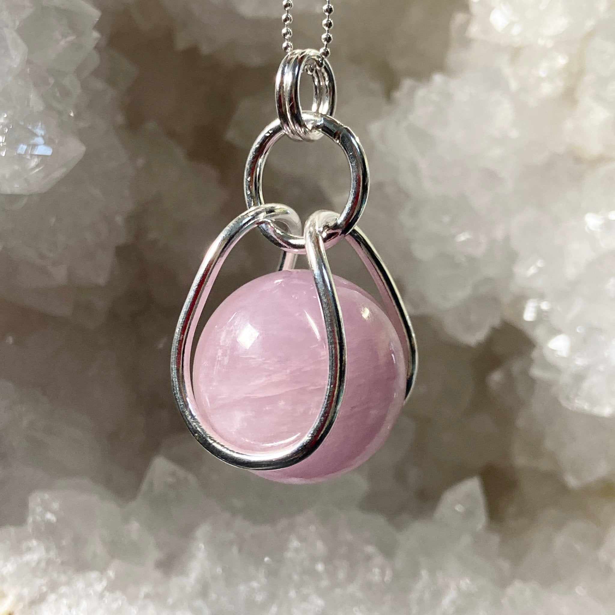 Kunzite Sphere in Sterling Silver Cage - Bespoke by Song of the Sea - Castle Rocks Cornwall