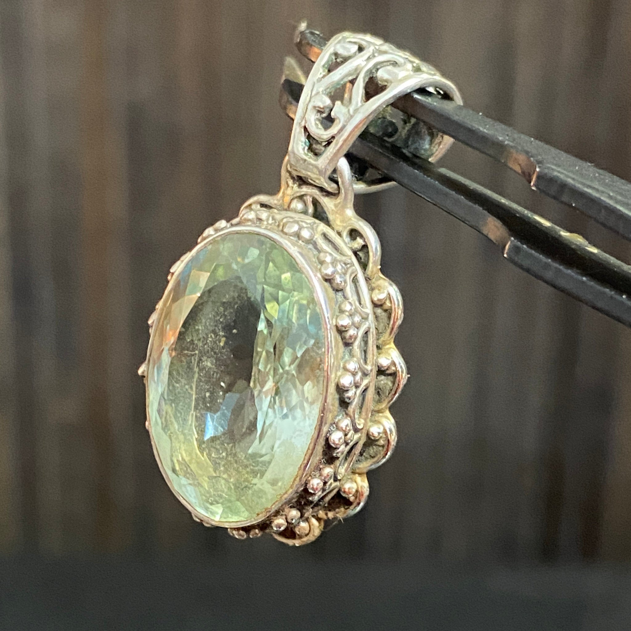 Prasiolite Pendant – Antique Style Sterling Silver - Castle Rocks Cornwall