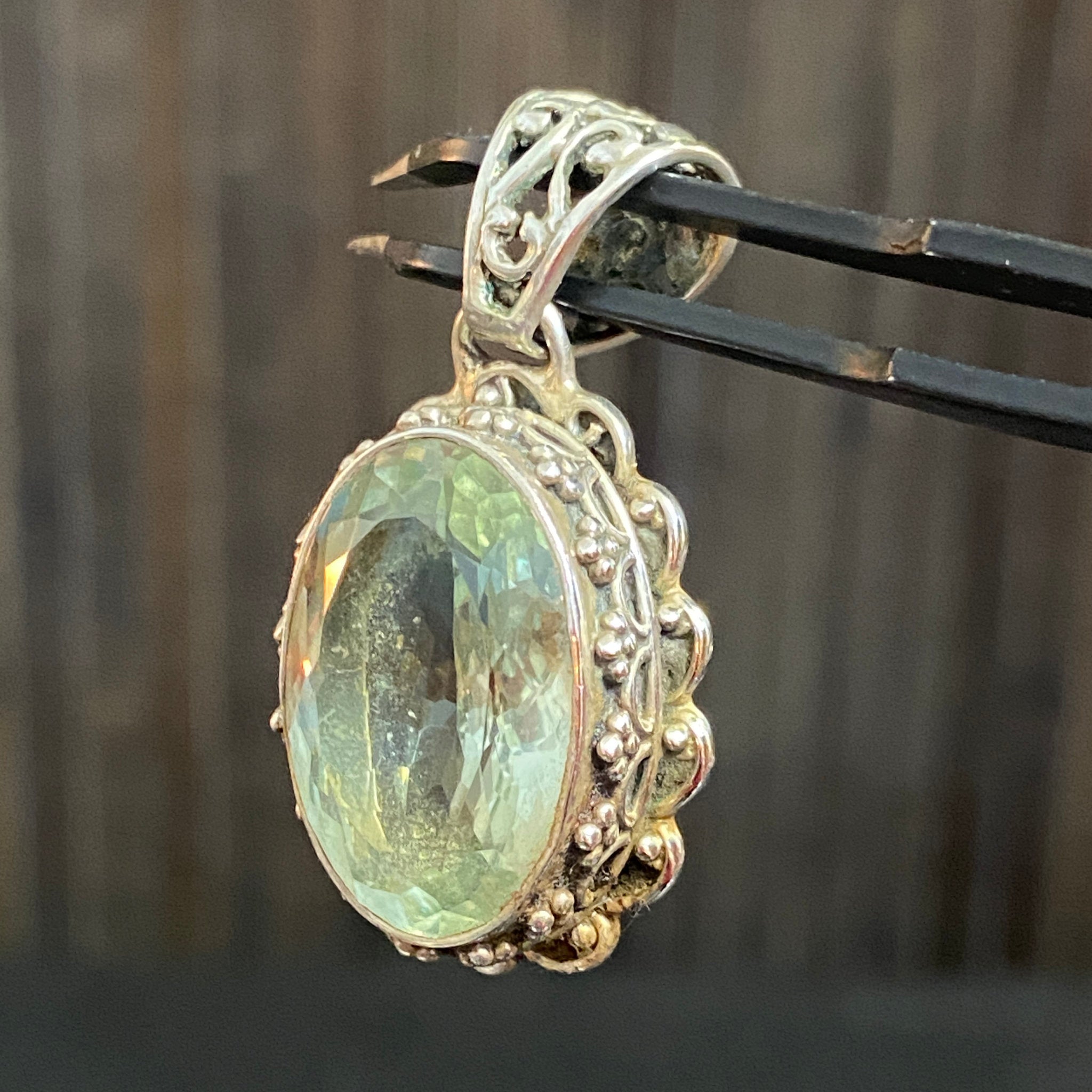 Prasiolite Pendant – Antique Style Sterling Silver - Castle Rocks Cornwall