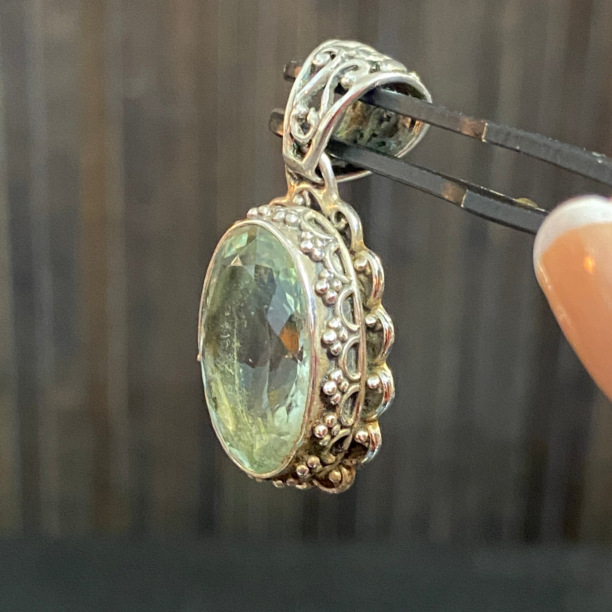 Prasiolite Pendant – Antique Style Sterling Silver - Castle Rocks Cornwall